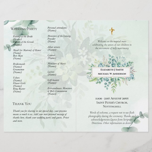 BUDGET Catholic Wedding Nuptial Mass Program Green Flyer (Front)
