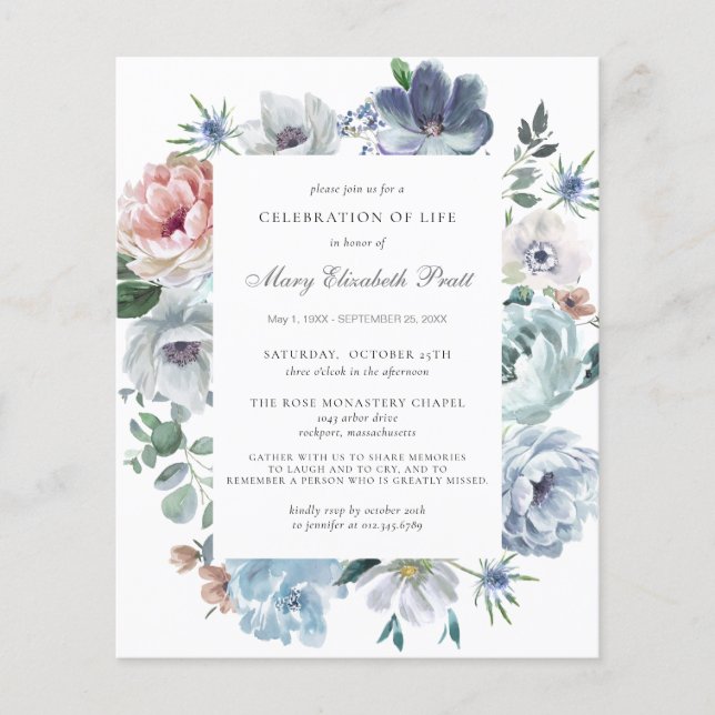 Budget Celebration of Life Blue Floral Invitation (Front)