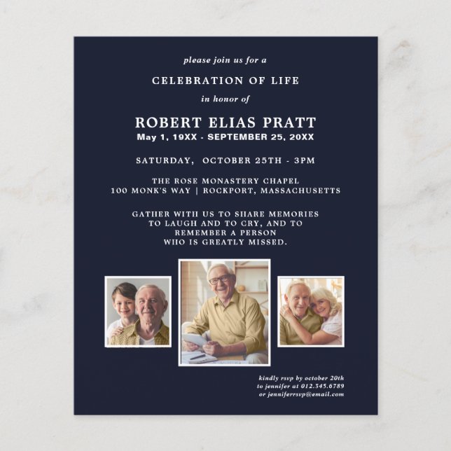 Budget Celebration of Life Dark Blue Photo Invite (Front)