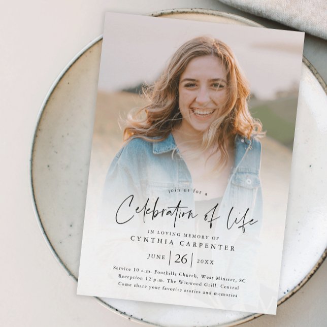 Budget Celebration of Life Memorial Invitation (Modern handwritten script celebration of life budget photo memorial invitation.)