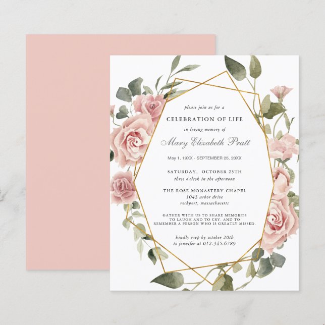 Budget Celebration of Life Pink Floral Invitation (Front/Back)