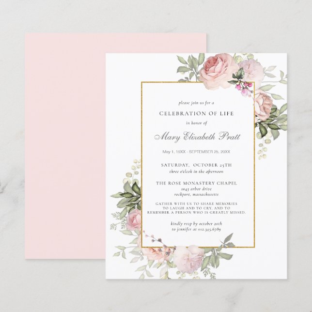Budget Celebration of Life Pink Floral Invitation (Front/Back)