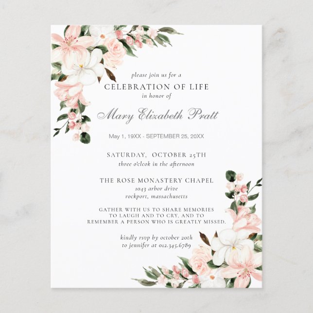 Budget Celebration of Life Pink Floral Invitation (Front)