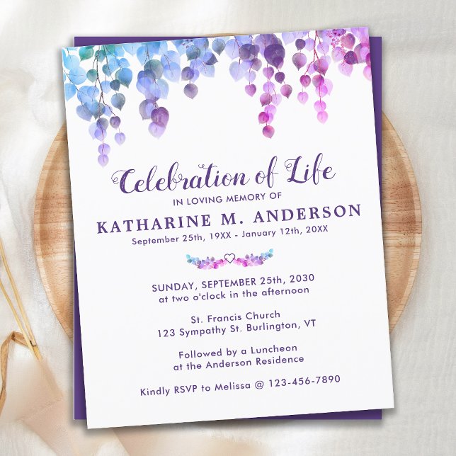 Budget Celebration Of Life Purple Greenery Invite (Creator Uploaded)
