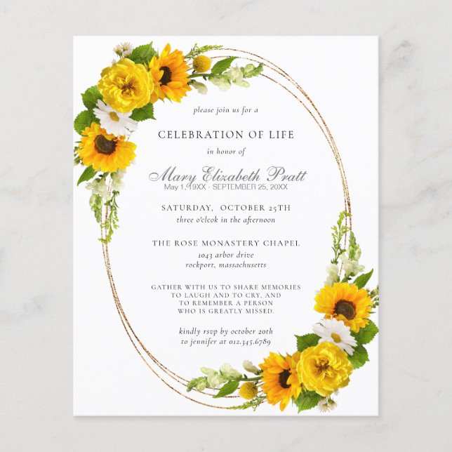 Budget Celebration of Life Sunflowers Invitation (Front)