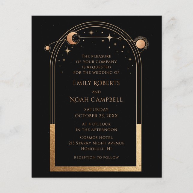 Budget Celestial Black Gold Sun Moon Photo Wedding Flyer (Front)