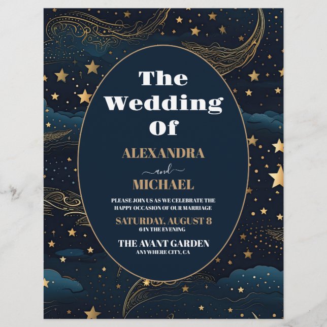 Budget Celestial Crescent Moon Gold Wedding Flyer (Front)