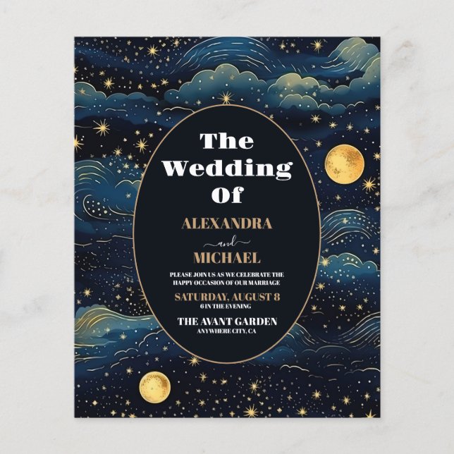 Budget Celestial Midnight Blue Stars Moon Wedding (Front)