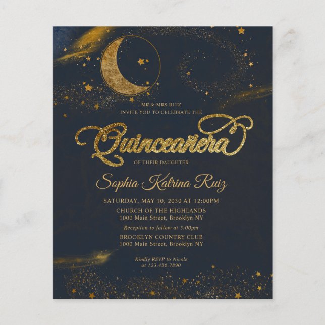 Budget Celestial Midnight Blue Stars Quinceanera (Front)