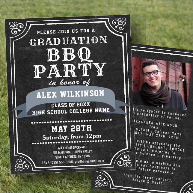 BUDGET Chalkboard Grad BBQ Party Photo Invitation Flyer (Creator Uploaded)