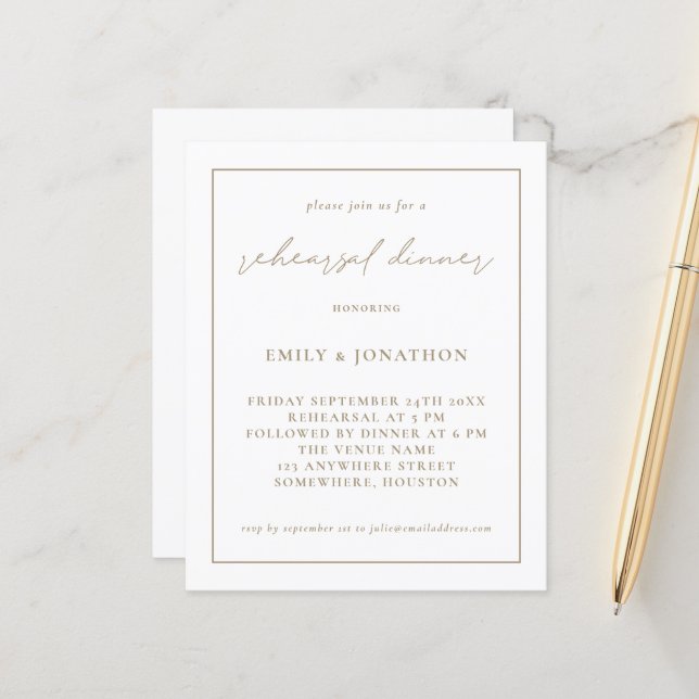 Budget Champagne gold Rehearsal Dinner Invite (Front/Back In Situ)