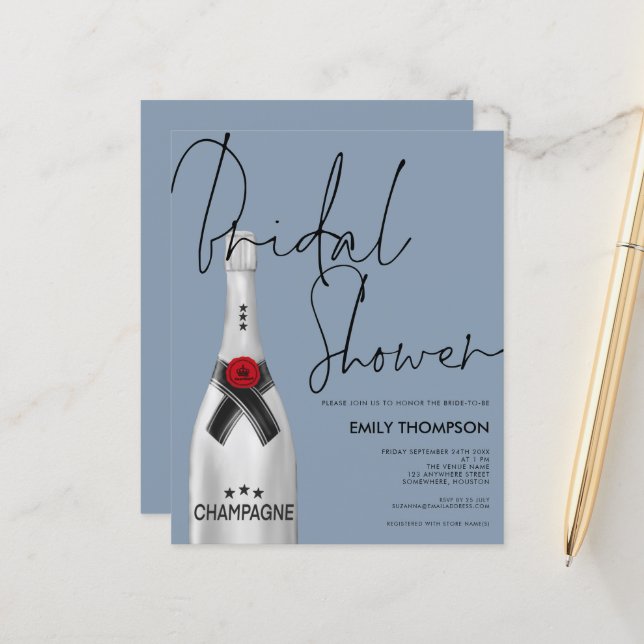 Budget Champagne Script Dusty Blue Bridal Shower (Front/Back In Situ)