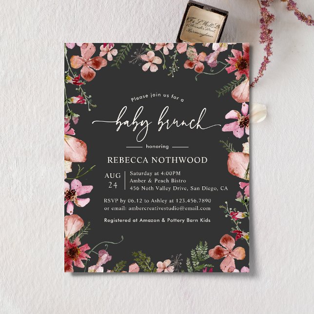 Budget Charcoal Pink Floral Baby Brunch Invitation (Creator Uploaded)