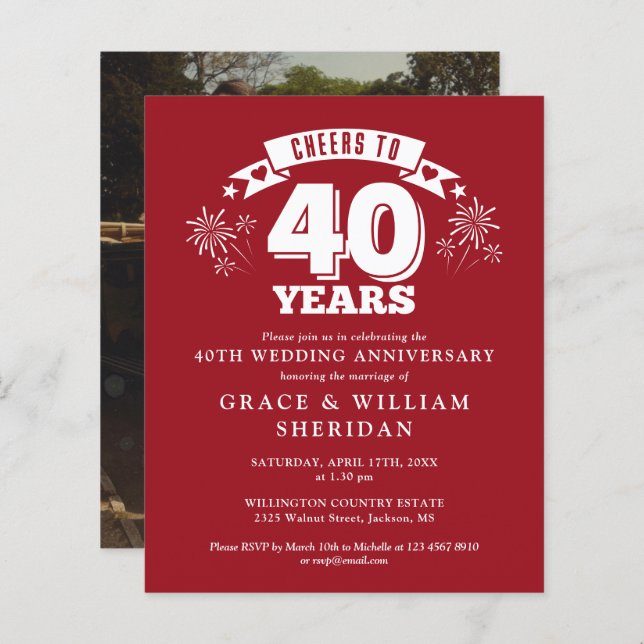 Budget Cheers To 40th Anniversary Photo Invite (Front/Back)