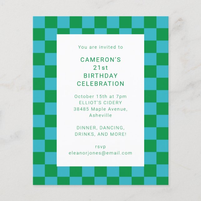 Budget Chequered Blue Green 21st Birthday Invitati (Front)