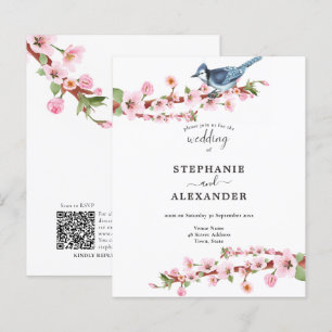 Budget Cherry Blossom Blue Bird QR Wedding Invite