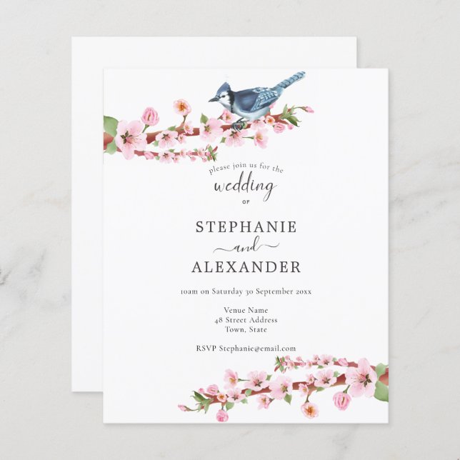 Budget Cherry Blossom Blue Bird Wedding Invite (Front/Back)