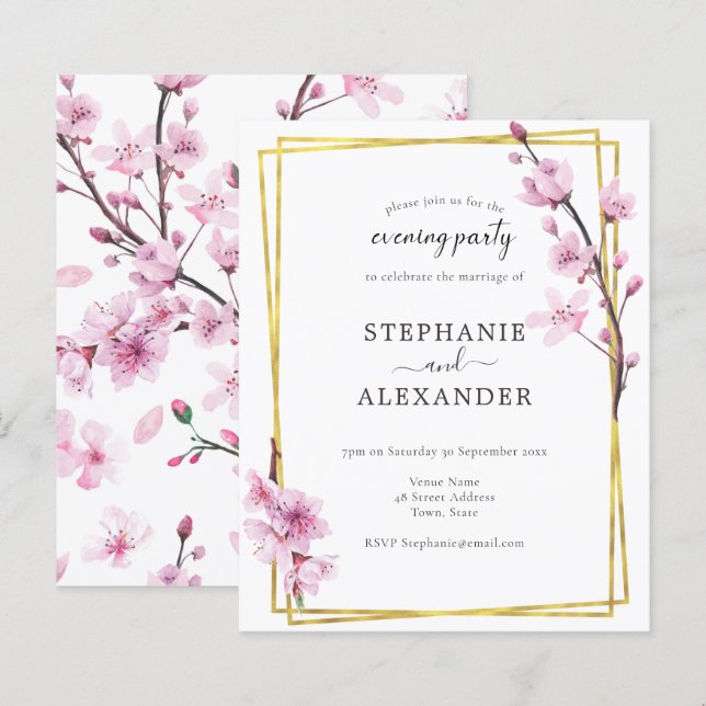 Budget Cherry Blossom & Gold Evening Party Invite (Front/Back)