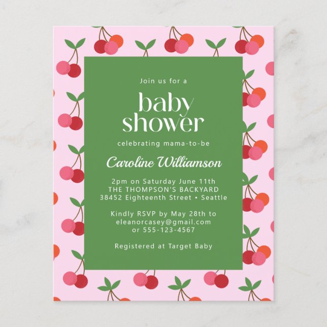 Budget Cherry Fruit Pink Green Cute Baby Shower (Front)
