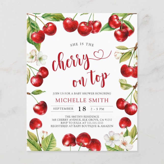 Budget Cherry On Top Red Cherry Baby Shower Invite (Front)