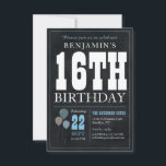 Budget Chic 16th Birthday Chalkboard Blue Balloon Card<br><div class="desc">Rustic Vintage Chalkboard White Blue Balloon 16th Birthday Party Invitation</div>