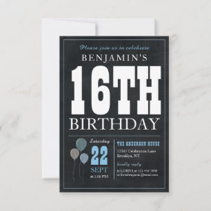 Budget Chic 16th Birthday Chalkboard Blue Balloon Card