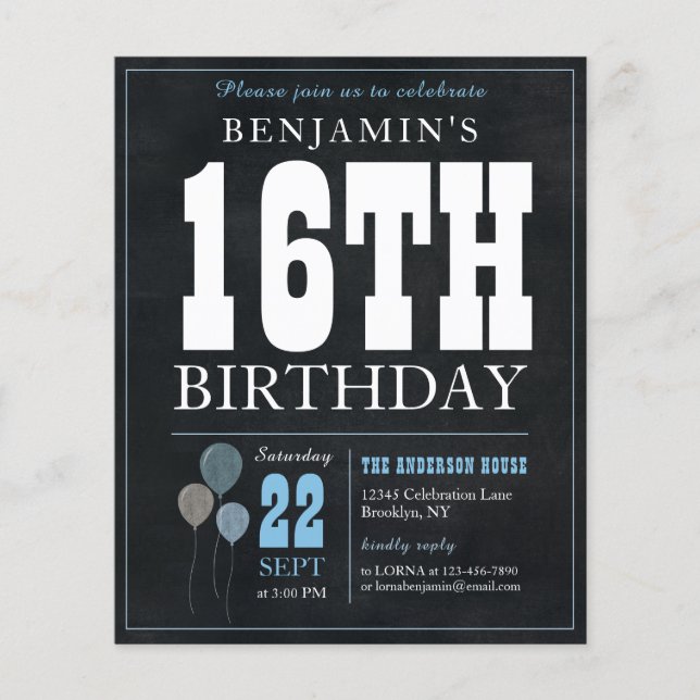 Budget Chic Chalkboard Blue Balloon 16th Birthday (Front)