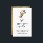 Budget Chic Floral Gold High Heels 16th Birthday<br><div class="desc">Modern Elegant Gold Tropical Floral Gold High Heels Sweet Sixteen 16th Birthday Party Invitation featuring our glamourous glitzy watercolor gold high heel surrounded by pink and green tropical flowers. The background is a luxurious watercolor gold wash. Easy to customize with your information for a simply elegant birthday party invitation. **Our...</div>