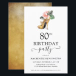 Budget Chic Floral Gold High Heels 80th Birthday<br><div class="desc">Modern Elegant Gold Tropical Floral Gold High Heels 80th Birthday Party Invitation featuring our glamourous glitzy watercolor gold high heel surrounded by pink and green tropical flowers. The background is a luxurious watercolor gold wash. Easy to customize with your information for a simply elegant birthday party invitation. **Our BUDGET paper...</div>