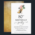 Budget Chic Floral Gold High Heels 80th Birthday<br><div class="desc">Modern Elegant Gold Tropical Floral Gold High Heels 80th Birthday Party Invitation featuring our glamourous glitzy watercolor gold high heel surrounded by pink and green tropical flowers. The background is a luxurious watercolor gold wash. Easy to customize with your information for a simply elegant birthday party invitation. **Our BUDGET paper...</div>