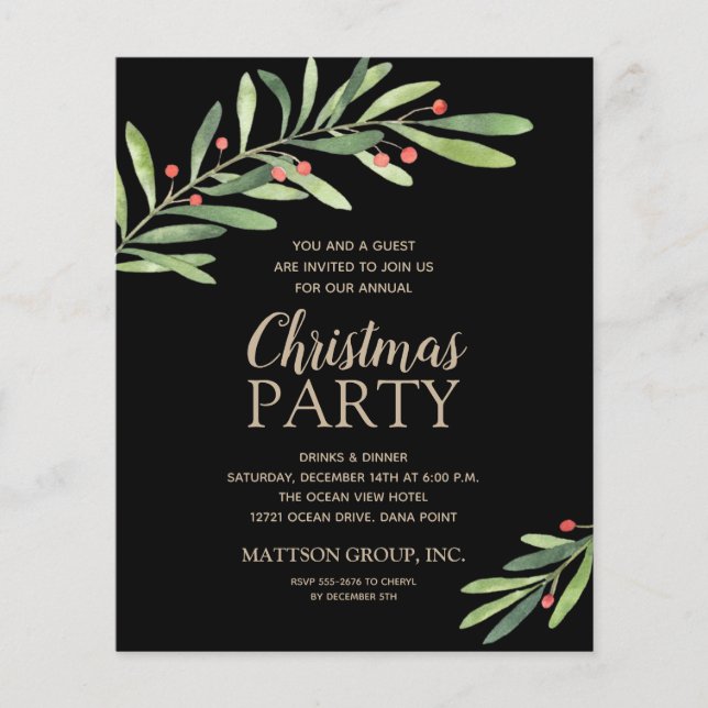 Budget Chic Greenery Christmas Black Invitation Flyer (Front)