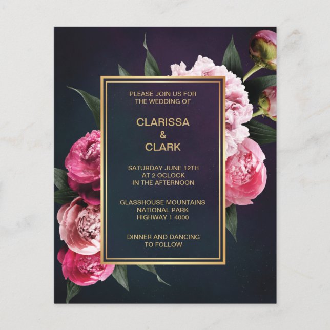 BUDGET Chic Pink Peony & Gold Wedding Invitation (Front)