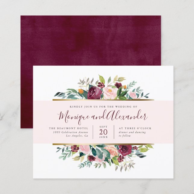 Budget Chic Pink Stripe Watercolor Floral Wedding (Front/Back)