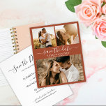 Budget Chic Script Photo Terracotta Save The Date Flyer<br><div class="desc">Budget elegant modern script terracotta rust burnt orange boho desert 3 photo collage wedding save the date announcement personalized affordable low budget flyer. Chic minimalist design template feature three (3) couple photo collage and elegant cursive hand lettering typography script „Save the Date” text.</div>