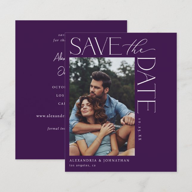 Budget Chic Stylish Mod Photo Save the Date 2 Purp (Front/Back)