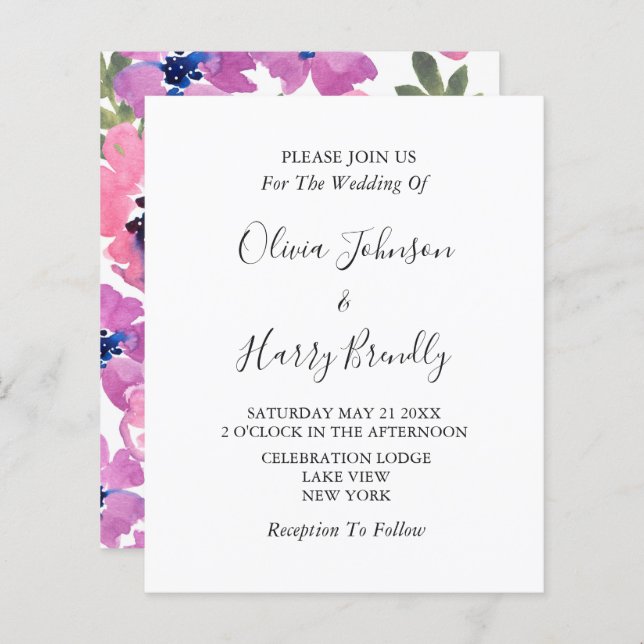 Budget Chic Watercolor Floral Wedding Invitation (Front/Back)