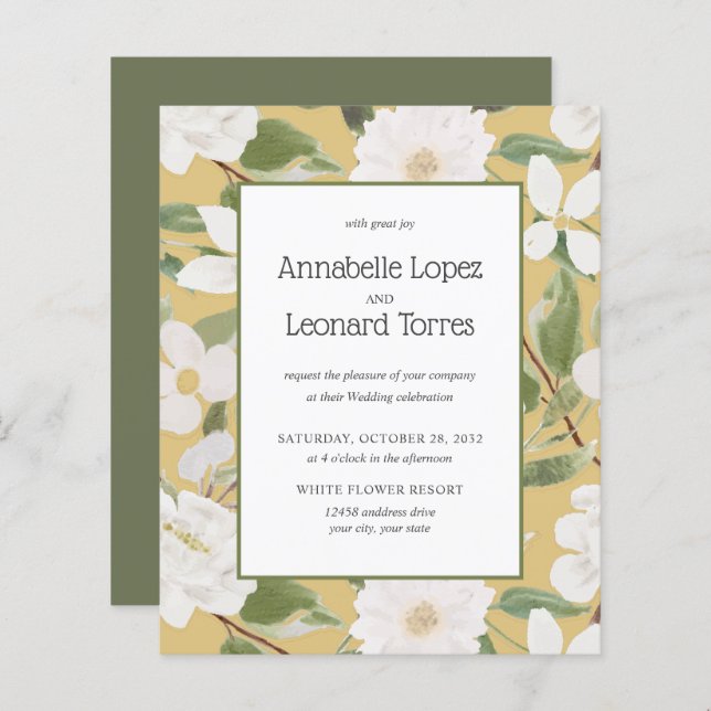 BUDGET Chic White Flowers leaves yellow Wedding (Front/Back)