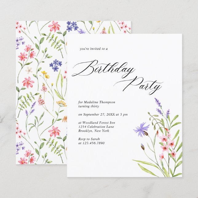 BUDGET Chic Wildflower Watercolor Adult Birthday (Front/Back)