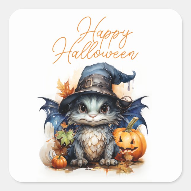 Budget Children's Watercolor Baby Dragon Halloween Square Sticker (Front)