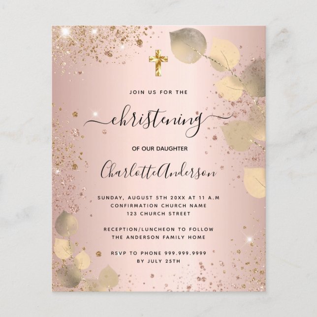 Budget christening blush eucalyptus invitation (Front)