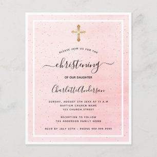 Budget christening blush pink gold girl invitation