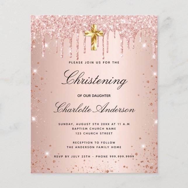 Budget christening blush rose glitter invitation (Front)