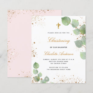 Budget christening eucalyptus blush invitation