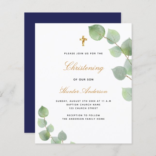 Budget christening eucalyptus gold blue invitation (Front/Back)