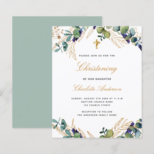 Budget christening eucalyptus gold invitation (Front/Back)