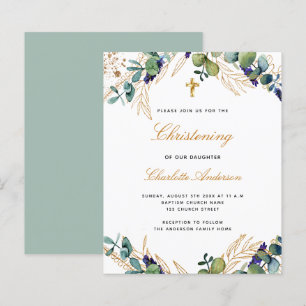 Budget christening eucalyptus gold invitation
