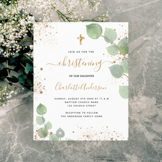 Budget christening eucalyptus gold invitation (Creator Uploaded)