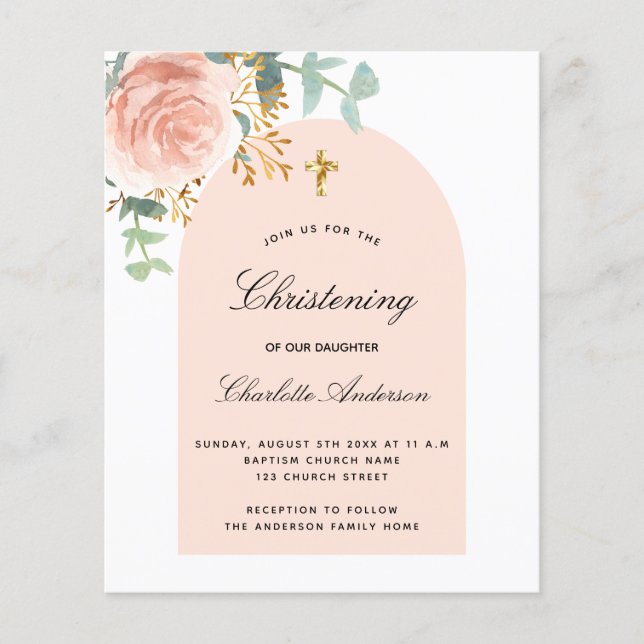 Budget christening eucalyptus rose floral arch (Front)