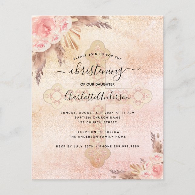 Budget christening pampas blush cross invitation (Front)
