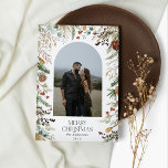 Budget Christmas 1 photo arch watercolor holiday Card<br><div class="desc">Budget Merry Christmas modern elegant watercolor dried botanical floral muted colours holiday arch 1 photo Christmas card design.</div>